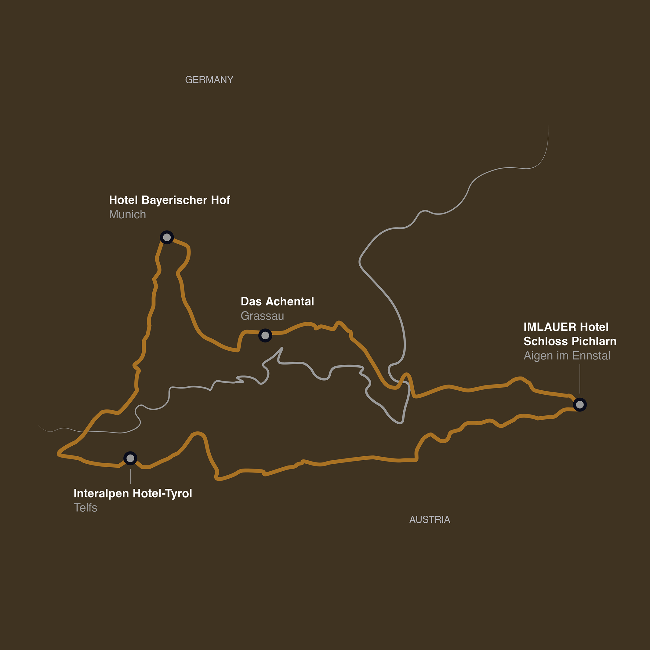 Map of a luxury driving experience route through the Bavarian Alps from Munich via Tyrol and Grassau to Aigen im Ennstal, Austria